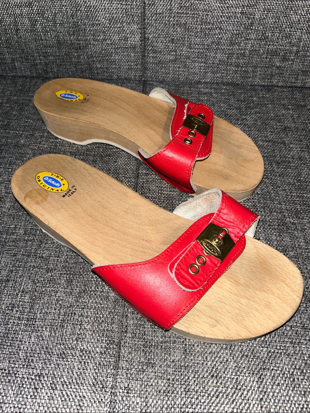 Dr. Scholl's Red Leather Slide Clogs with Gold Buckle